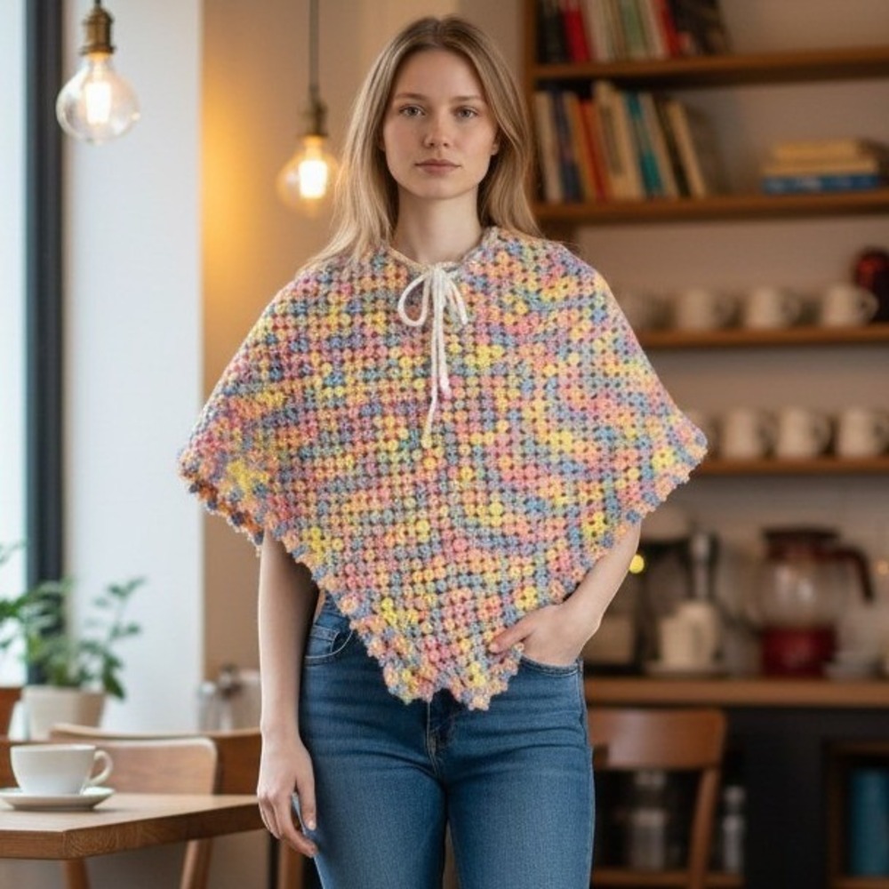 Handmade Crochet Poncho XS-M Women Pastel Multi Color Iridescent Tie Knit
